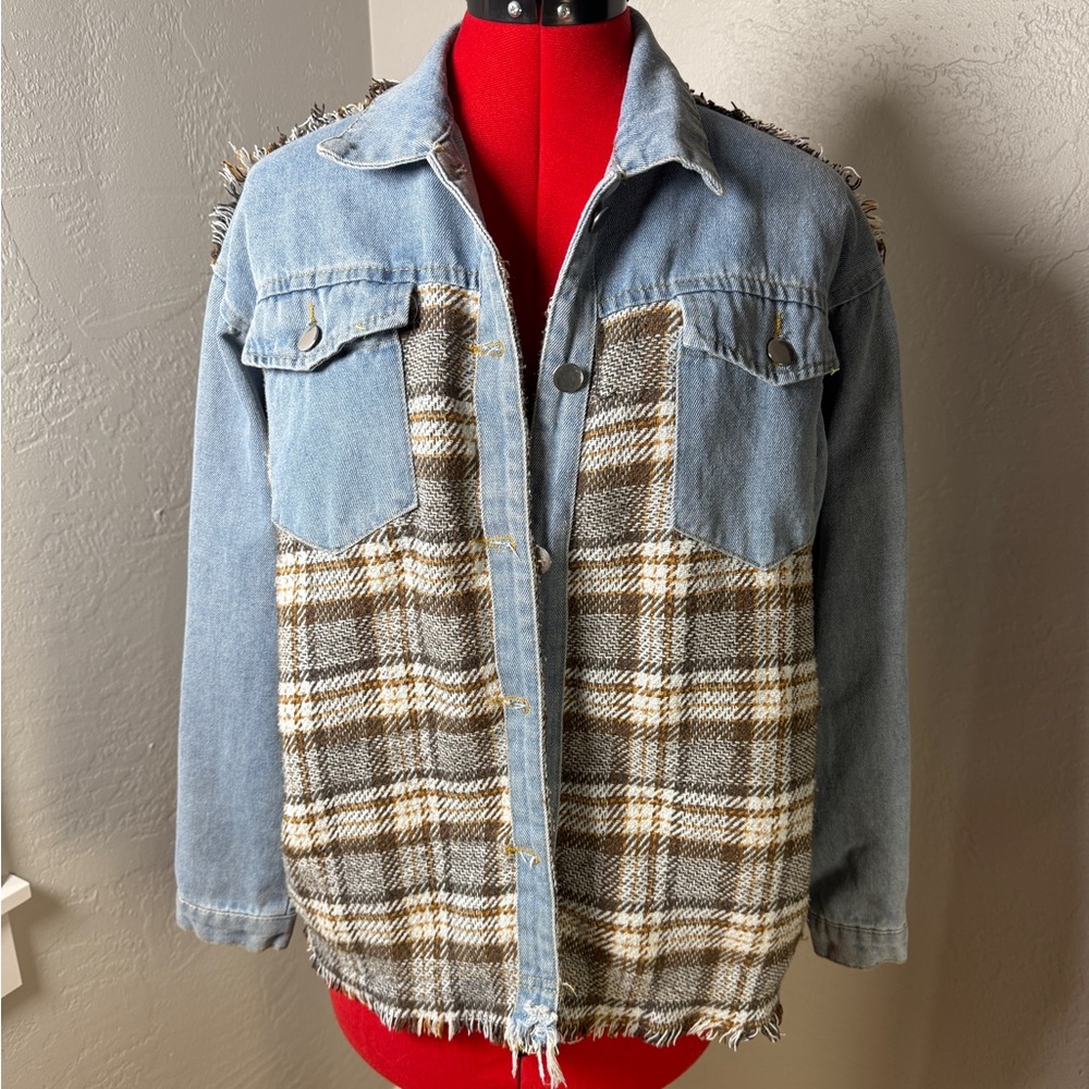 Denim Plaid Button Front Frayed Hem Blue Brown Oversized Shacket Size S